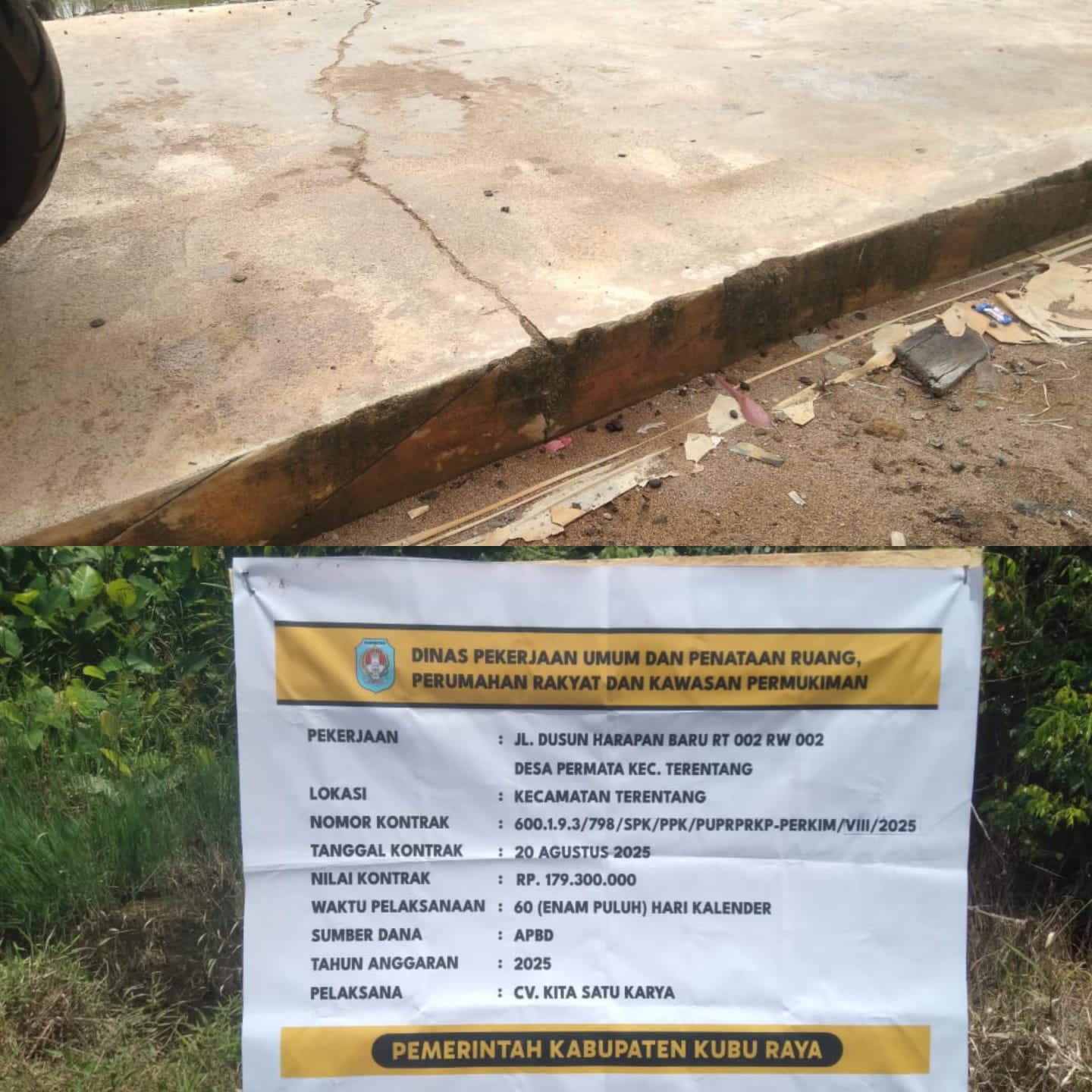 Baru Tiga Bulan Rampung, Jalan Rabat Beton di Terentang Retak Parah — APIP, BPK, dan Kejaksaan Diminta Turun Tangan!