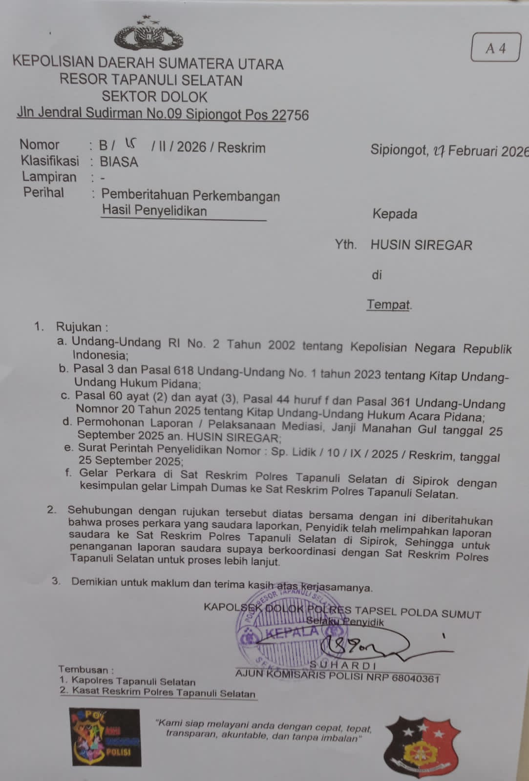 “Salam presisi” Husin Siregar Ucapkan Terimakasih kepada Polsek Dolok Kab Tapsel.